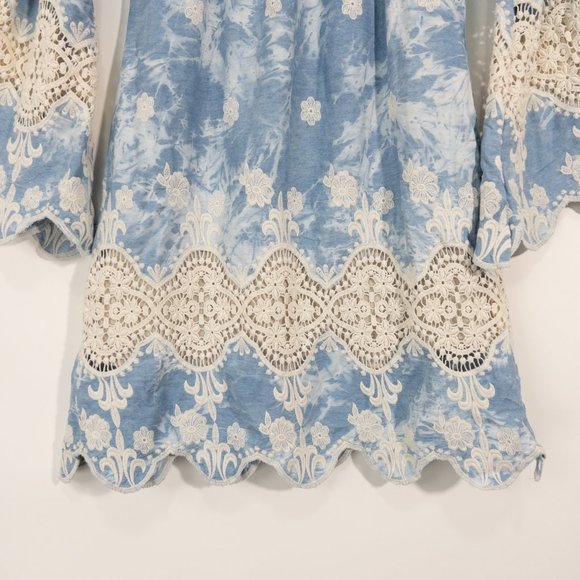 Union of Angels Above Knee Dress Long Sleeve Boat Neck Blue Off White Si… - Picture 3 of 7